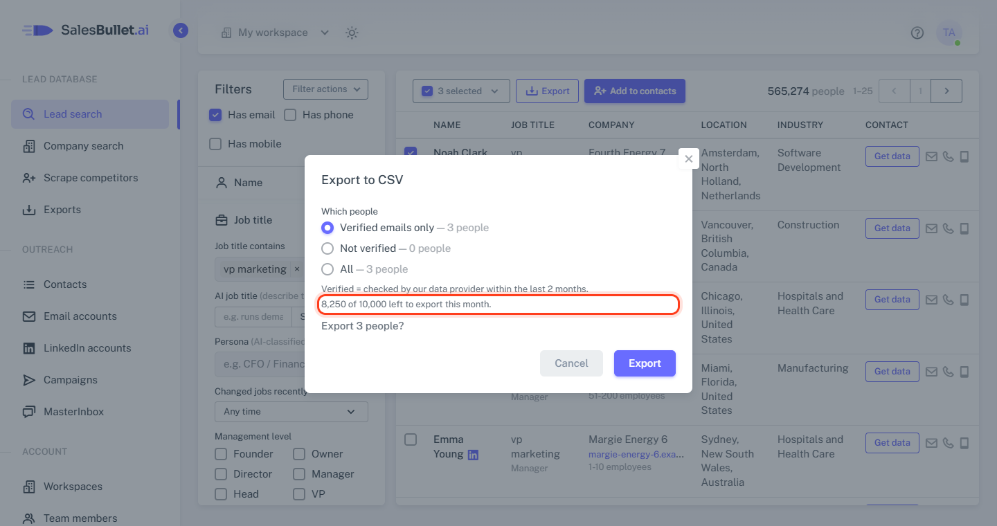 The Export to CSV window: what's left of this month's CSV downloads
