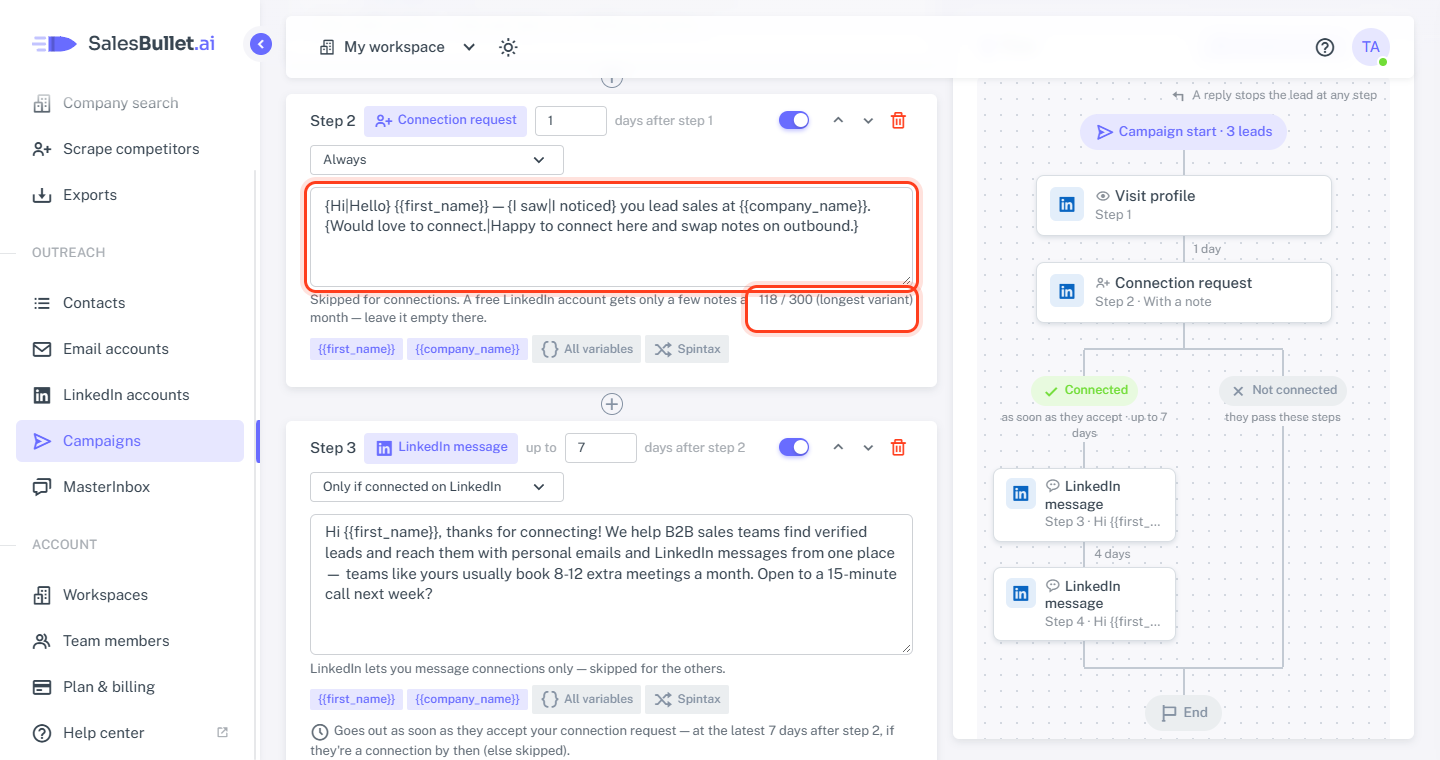 A connection request's note with spintax: the counter shows its longest version