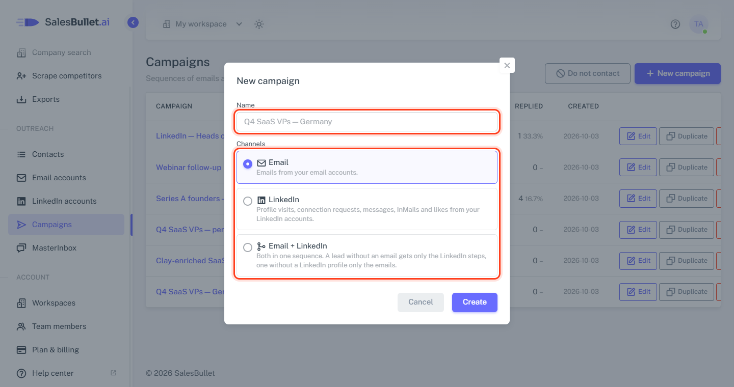 The New campaign window: the name and the channels