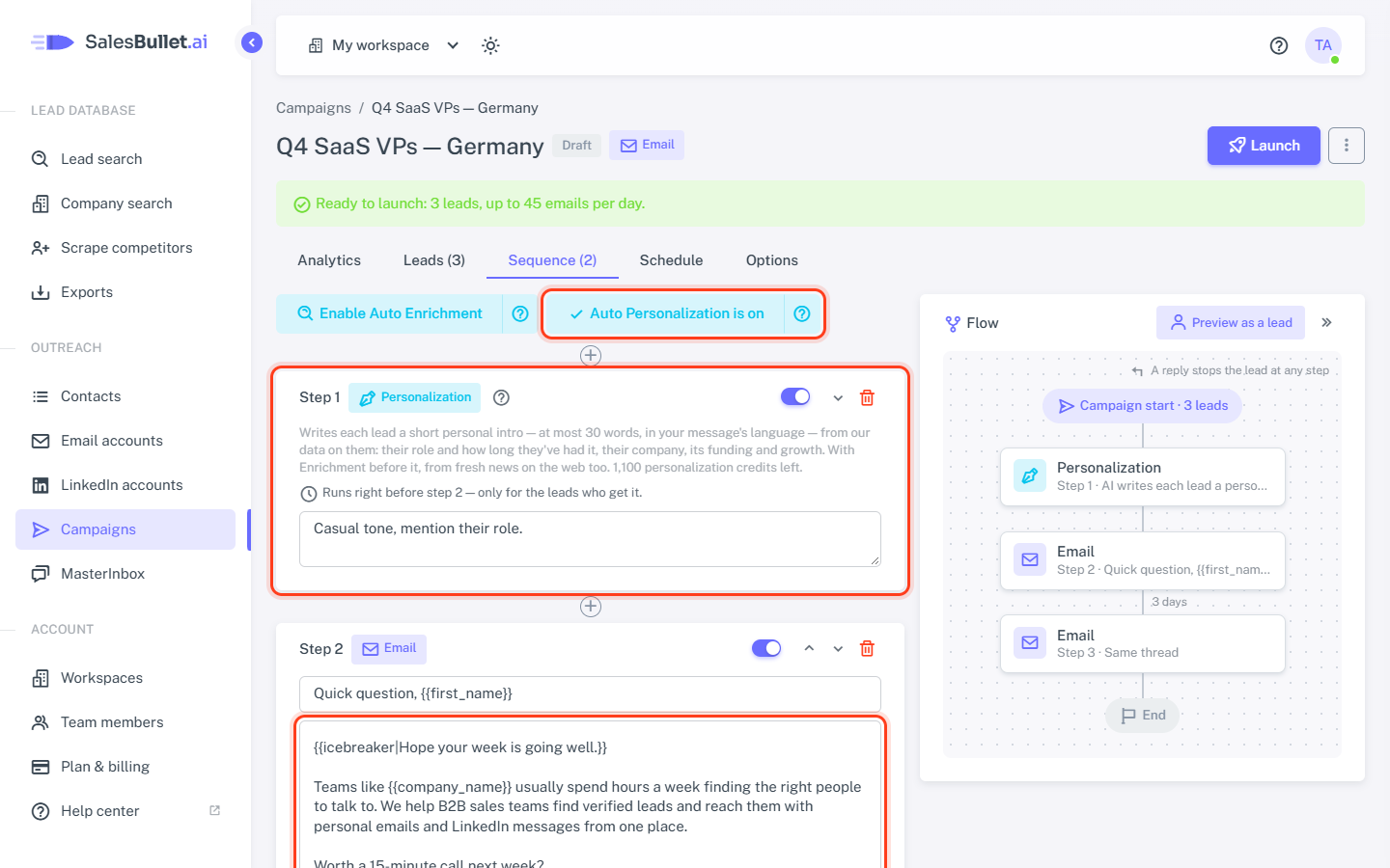 Auto Personalization is on, and {{icebreaker}} in the email after it