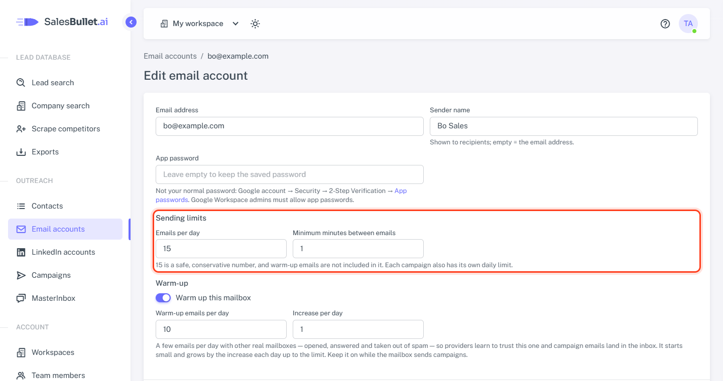 An email account's Sending limits: emails per day and minimum minutes between emails