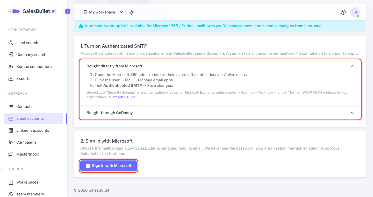 Connect Microsoft 365 / Outlook: turn on Authenticated SMTP, then Sign in with Microsoft