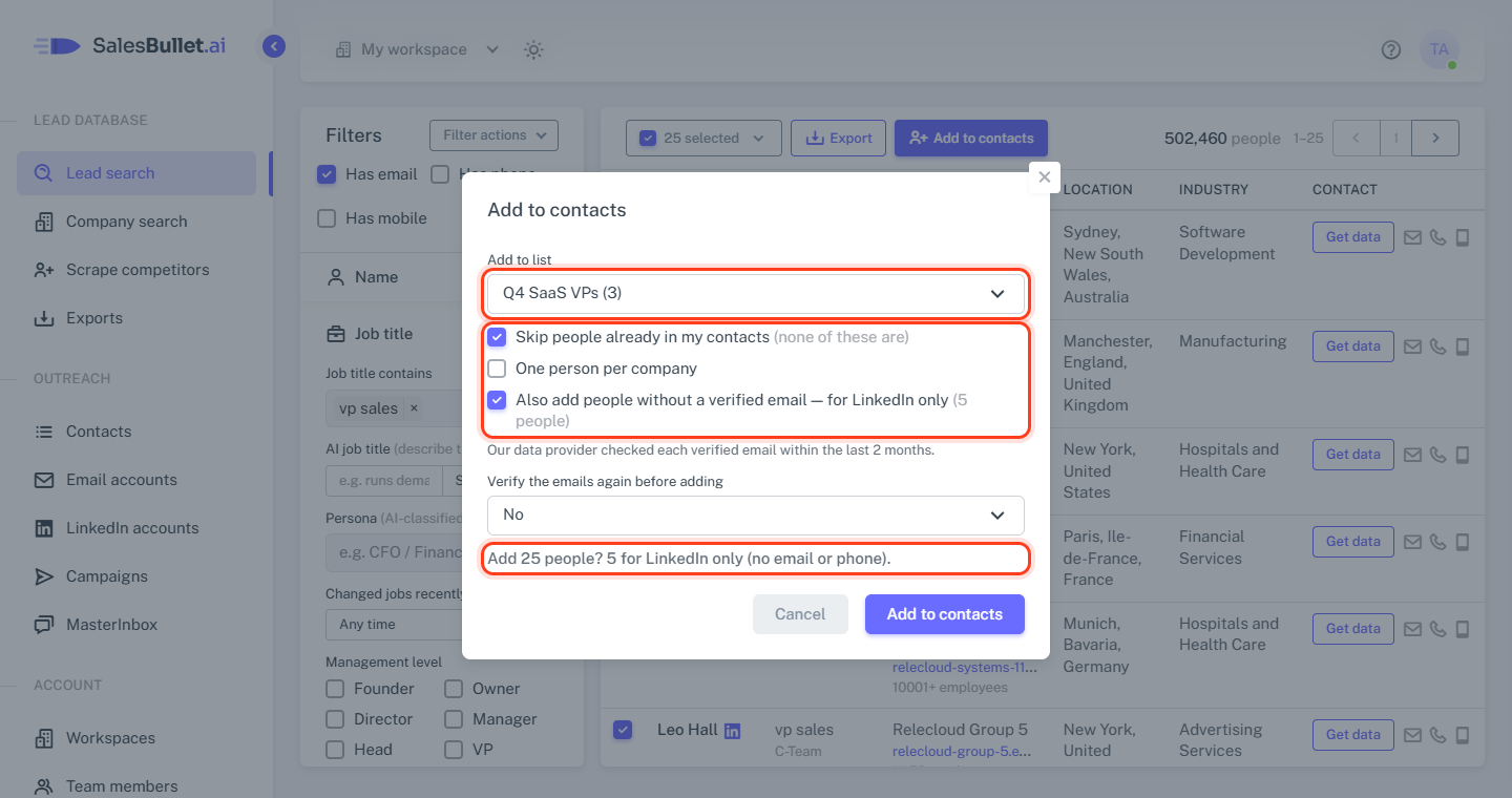 Add to contacts: the list, the options and how many people go in
