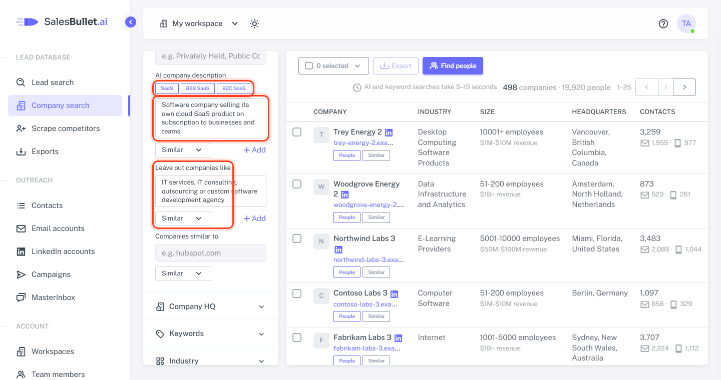 The B2B SaaS preset: the AI company description and Leave out companies like, filled in