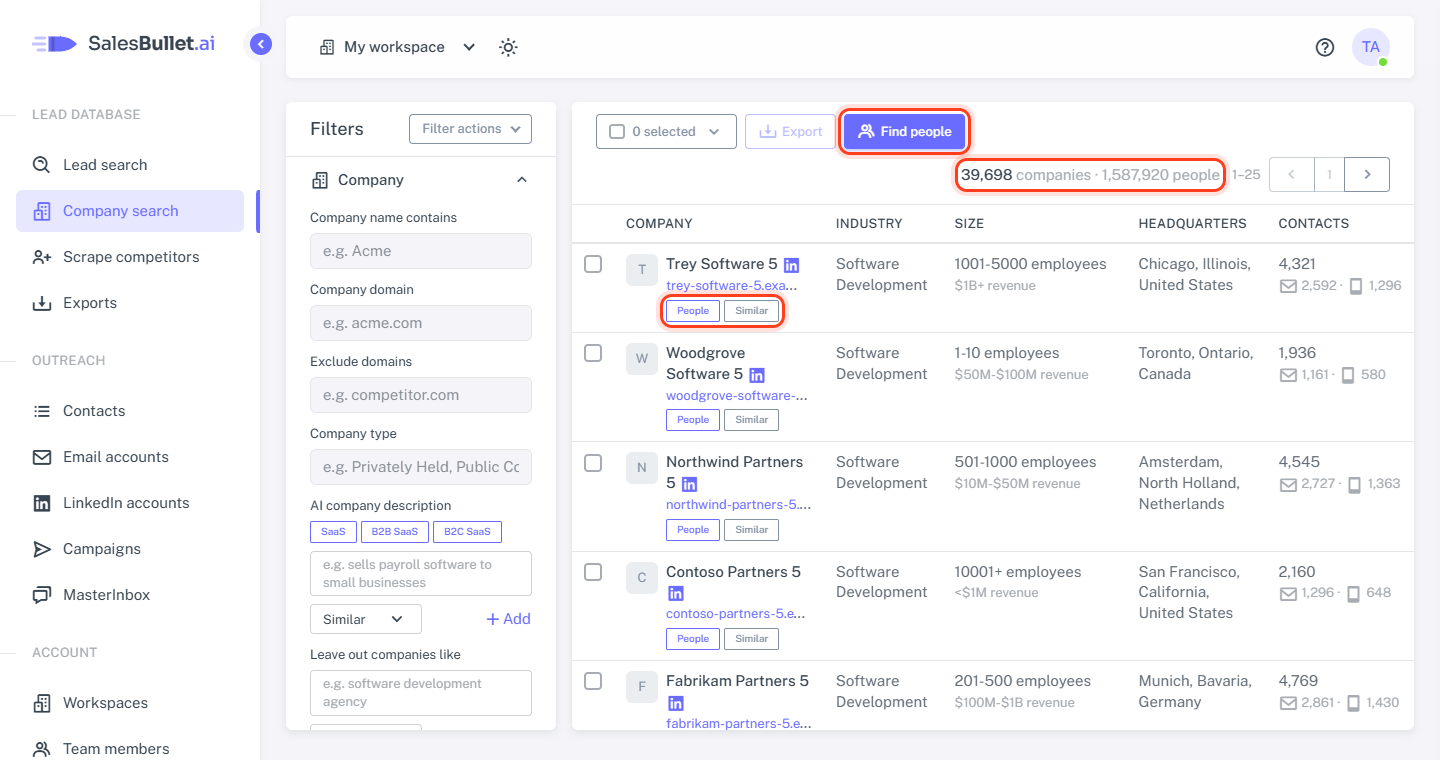 Company search: how many companies match, Find people, and a company's People and Similar buttons