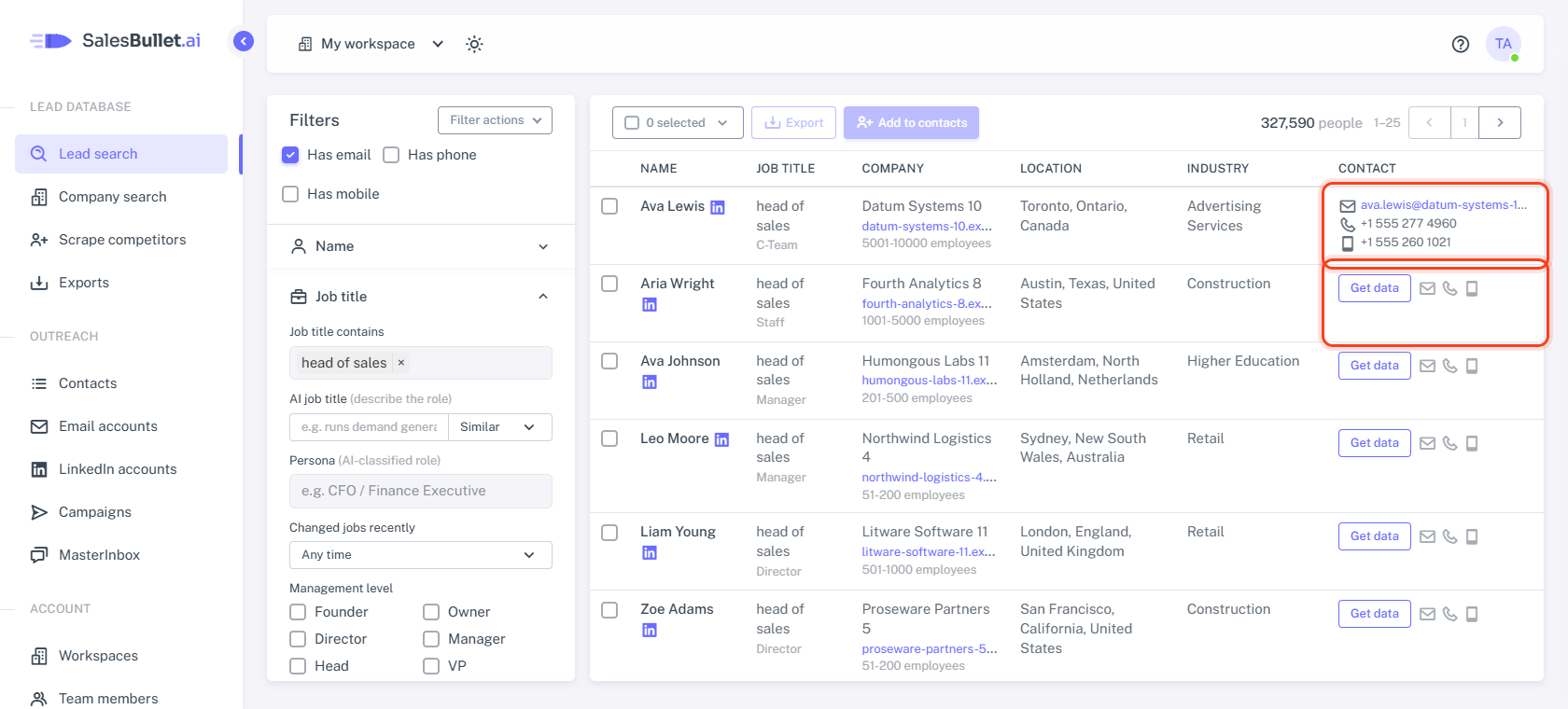 The Contact column: one person's email and phone after Get data, and the next person's Get data button