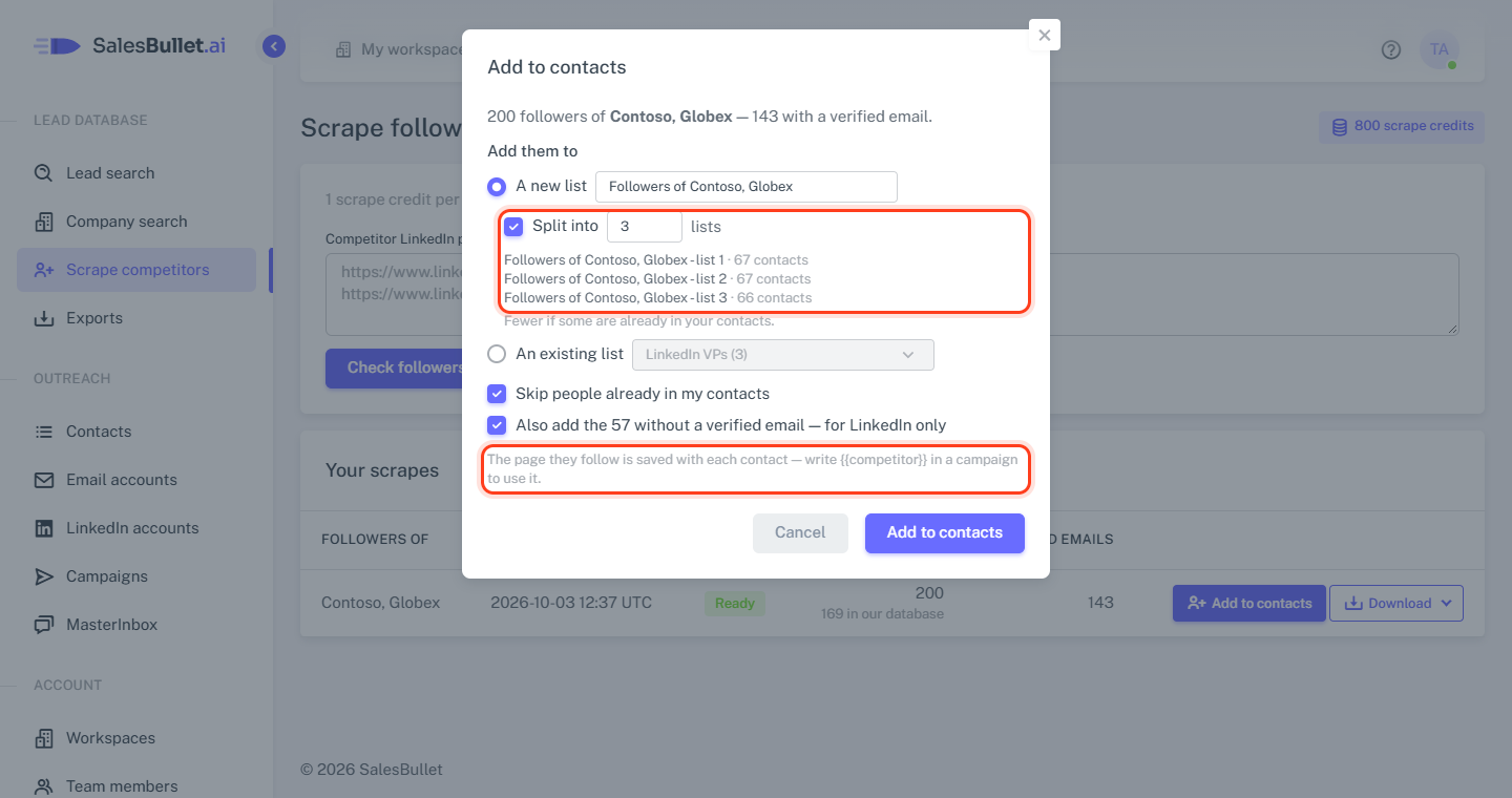 Add to contacts for followers: a new list split into three, and the Competitor field