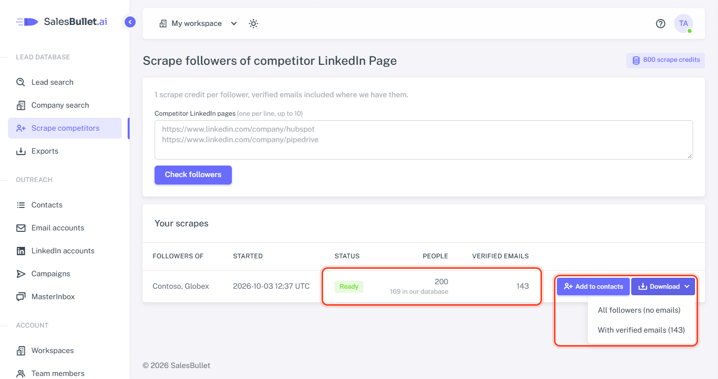 Your scrapes: a ready scrape with Add to contacts and the Download menu
