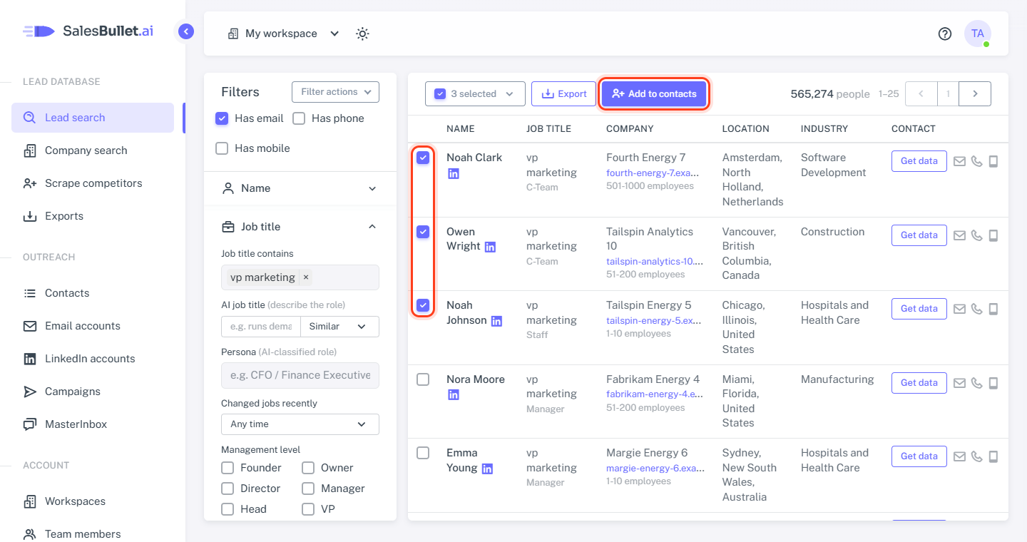 Lead search with three people selected and Add to contacts