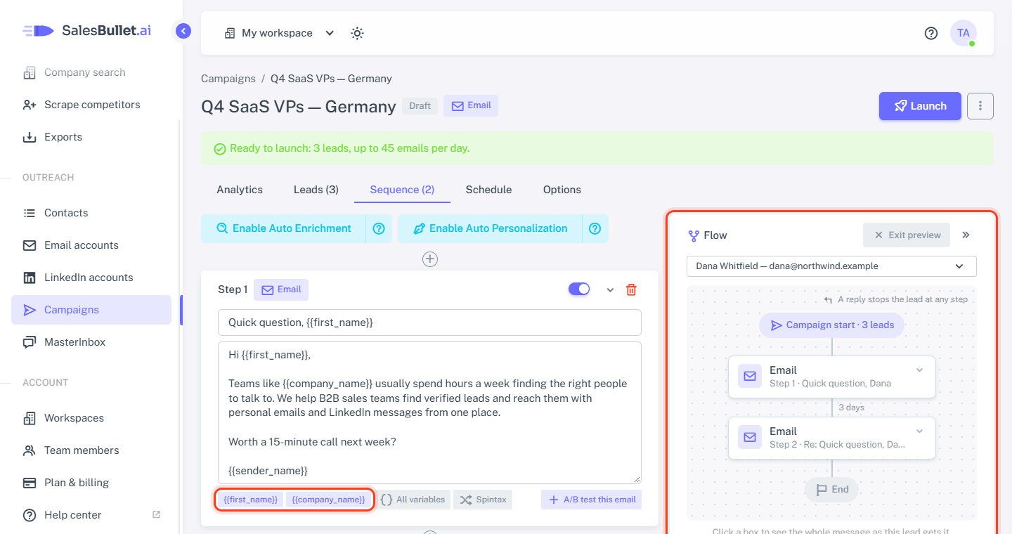 The Sequence tab: an email and its follow-up, with the preview