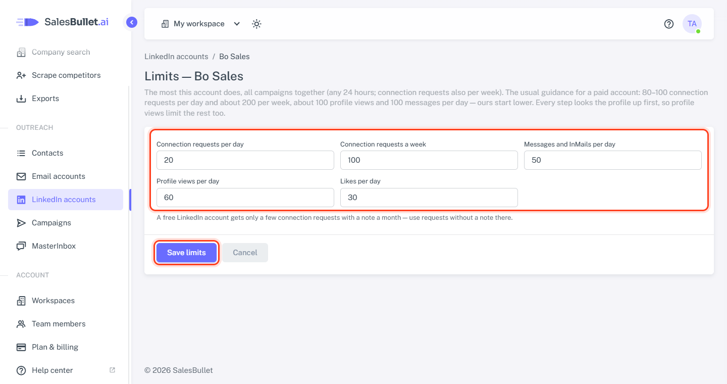Bo Sales' limits: connection requests per day and a week, messages and InMails, profile views, likes