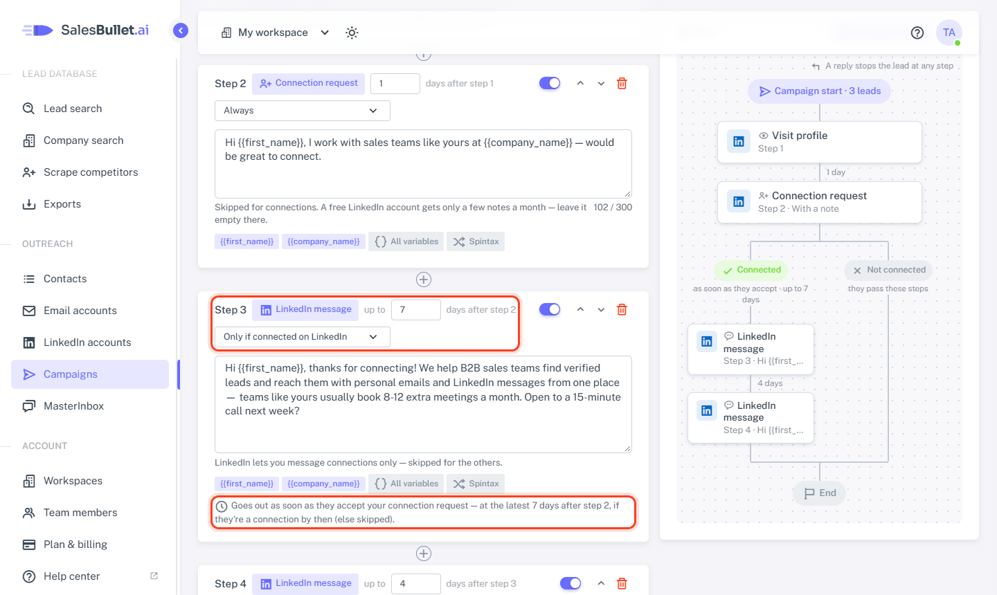 Step 3, a LinkedIn message only if connected: up to 7 days after step 2